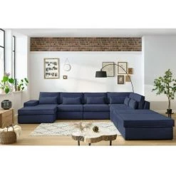 Canapé Modulable BOBOCHIC - Canapé Panoramique Fixe Modulable SARAH Tissu Avec 3 Chauffeuses, 2 Poufs, Une Méridienne Et Un Angle Angle Gauche Bleu Marine - Bleu Marine -BOBOCHIC Soldes 2022 62633401 3