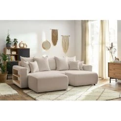 Canapés D'angle Convertibles BOBOCHIC - Canapé D'angle Convertible Réversible Coffre Tablette ENVY Tissu Bouclette Avec Pouf Rectangulaire Beige - Beige -BOBOCHIC Soldes 2022 62633746 2