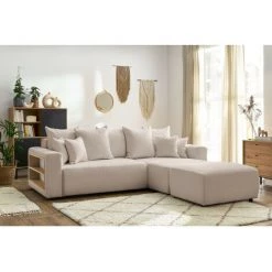 Canapés D'angle Convertibles BOBOCHIC - Canapé D'angle Convertible Réversible Coffre Tablette ENVY Tissu Bouclette Avec Pouf Rectangulaire Beige - Beige -BOBOCHIC Soldes 2022 62633746 3