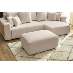 Canapés D'angle Convertibles BOBOCHIC - Canapé D'angle Convertible Réversible Coffre Tablette ENVY Tissu Bouclette Avec Pouf Rectangulaire Beige - Beige -BOBOCHIC Soldes 2022 62633746 4