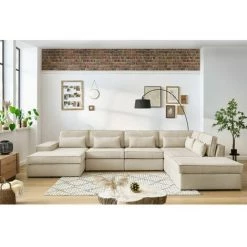 Canapé Modulable BOBOCHIC - Canapé Panoramique Fixe Modulable SARAH Tissu Avec 3 Chauffeuses, 1 Méridienne, 1 Angle Et 1 Pouf Angle Gauche Beige - Beige -BOBOCHIC Soldes 2022 62633844 3