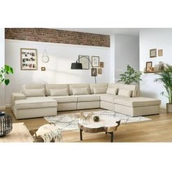 Canapé Modulable BOBOCHIC - Canapé Panoramique Fixe Modulable SARAH Tissu Avec 3 Chauffeuses, 1 Méridienne, 1 Angle Et 1 Pouf Angle Gauche Beige - Beige -BOBOCHIC Soldes 2022 62633844 4