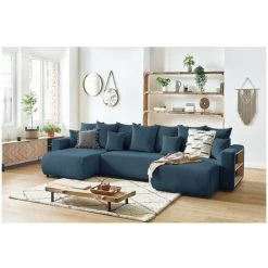 Canapé Panoramique Convertible BOBOCHIC - Canapé Panoramique Convertible Coffre Tablette ENVY Tissu Velours Côtelé Bleu - Bleu -BOBOCHIC Soldes 2022 62636991 3