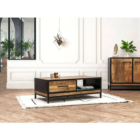 Tables Basses BOBOCHIC - Table Basse 1 Tiroir BEAUBOURG Bois De Manguier Massif Et Pieds Métal - Bois Et Noir 4 Tables Basses BOBOCHIC - Table Basse 1 Tiroir BEAUBOURG Bois De Manguier Massif Et Pieds Métal - Bois Et Noir – Image 2