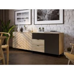 BOBOCHIC Auxane - Buffet Bas - Bois Et Noir - 200 Cm - Style Contemporain Couleur - Noir / Bois - Noir / Bois