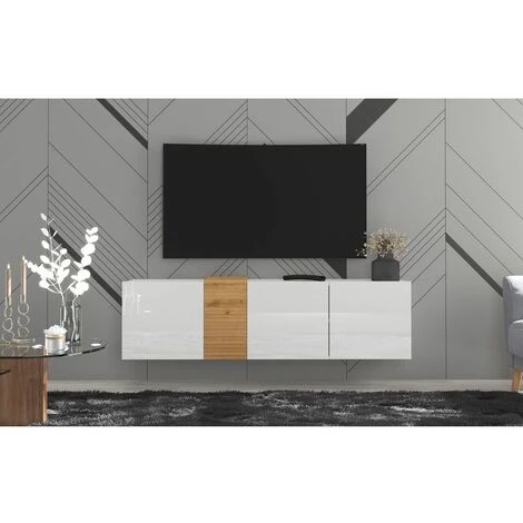 Meubles TV BOBOCHIC - Meuble TV Suspendu 160 Cm Avec Portes BLAISE Blanc Et Chêne - Blanc Et Chêne 4 Meubles TV BOBOCHIC - Meuble TV Suspendu 160 Cm Avec Portes BLAISE Blanc Et Chêne - Blanc Et Chêne – Image 2