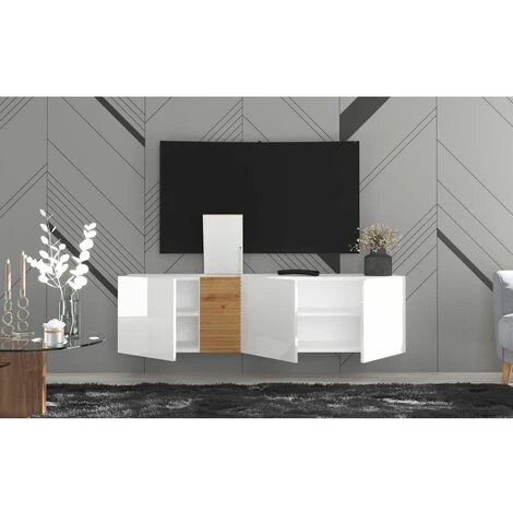 Meubles TV BOBOCHIC - Meuble TV Suspendu 160 Cm Avec Portes BLAISE Blanc Et Chêne - Blanc Et Chêne 5 Meubles TV BOBOCHIC - Meuble TV Suspendu 160 Cm Avec Portes BLAISE Blanc Et Chêne - Blanc Et Chêne – Image 3