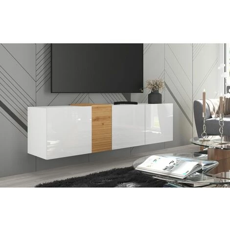 Meubles TV BOBOCHIC - Meuble TV Suspendu 160 Cm Avec Portes BLAISE Blanc Et Chêne - Blanc Et Chêne 6 Meubles TV BOBOCHIC - Meuble TV Suspendu 160 Cm Avec Portes BLAISE Blanc Et Chêne - Blanc Et Chêne – Image 4