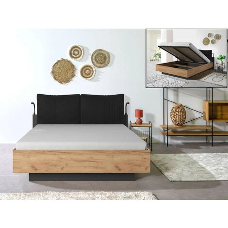 Lit Coffre BOBOCHIC - Lit Coffre 160x200 Cm NAYA Avec Liseuses LED Chêne Et Noir - Chêne Et Noir 4 Lit Coffre BOBOCHIC - Lit Coffre 160x200 Cm NAYA Avec Liseuses LED Chêne Et Noir - Chêne Et Noir – Image 2