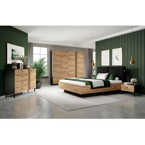 Chambre Complète BOBOCHIC - Ensemble NAYA Avec Lit Coffre 160x200 Cm + Commode + 2 Chevets - Chêne Et Noir 4 Chambre Complète BOBOCHIC - Ensemble NAYA Avec Lit Coffre 160x200 Cm + Commode + 2 Chevets - Chêne Et Noir – Image 2