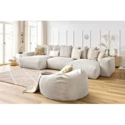 Canapé Panoramique BOBOCHIC - Canapé Panoramique Fixe Ultra Moelleux VOLTAIRE Velours Côtelé Avec Pouf Beige - Beige -BOBOCHIC Soldes 2022 70830121 2