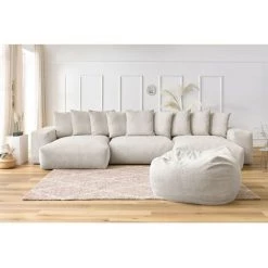 Canapé Panoramique BOBOCHIC - Canapé Panoramique Fixe Ultra Moelleux VOLTAIRE Velours Côtelé Avec Pouf Beige - Beige -BOBOCHIC Soldes 2022 70830121 3