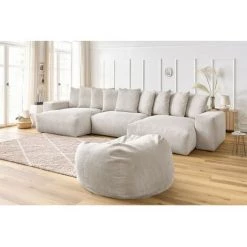 Canapé Panoramique BOBOCHIC - Canapé Panoramique Fixe Ultra Moelleux VOLTAIRE Velours Côtelé Avec Pouf Beige - Beige -BOBOCHIC Soldes 2022 70830121 4