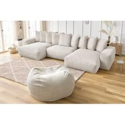 Canapé Panoramique BOBOCHIC - Canapé Panoramique Fixe Ultra Moelleux VOLTAIRE Velours Côtelé Avec Pouf Beige - Beige -BOBOCHIC Soldes 2022 70830121 5