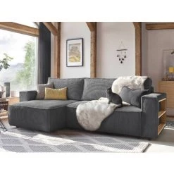 BOBOCHIC Nihad - Canapé D'angle Réversible Convertible - Avec Coffre Et Tablette - En Velours Côtelé - 4 Places Couleur - Gris Foncé