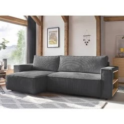 BOBOCHIC Nihad - Canapé D'angle Réversible Convertible - Avec Coffre Et Tablette - En Velours Côtelé - 4 Places Couleur - Gris Foncé -BOBOCHIC Soldes 2022 71591357 3