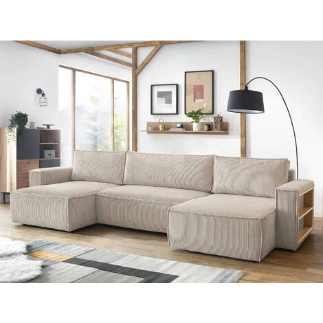 BOBOCHIC Nihad - Canapé Panoramique Convertible - Avec Coffre Et Tablette - En Velours Côtelé - 7 Places Couleur - Beige - Beige 3 BOBOCHIC Nihad - Canapé Panoramique Convertible - Avec Coffre Et Tablette - En Velours Côtelé - 7 Places Couleur - Beige - Beige