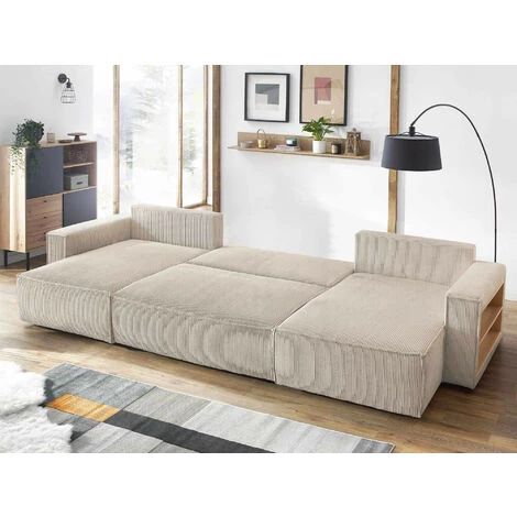 BOBOCHIC Nihad - Canapé Panoramique Convertible - Avec Coffre Et Tablette - En Velours Côtelé - 7 Places Couleur - Beige - Beige 4 BOBOCHIC Nihad - Canapé Panoramique Convertible - Avec Coffre Et Tablette - En Velours Côtelé - 7 Places Couleur - Beige - Beige – Image 2